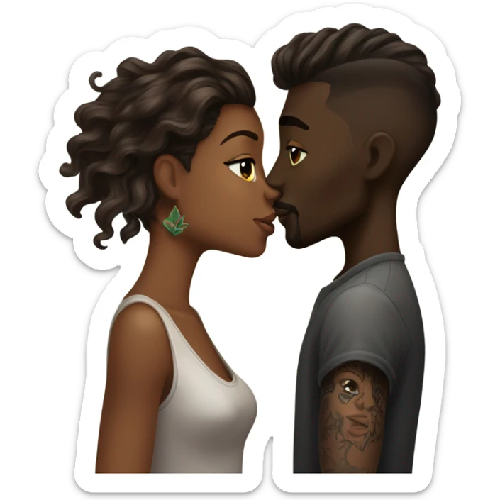 Brown, long hair, girl, kissing, dark skin with tattoos, mid taper fade guy ￼ sticker