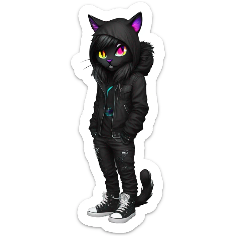 Edgy Shy Anthro cool pretty colorful dark cat-fursona techwear punk black emo-mane sticker