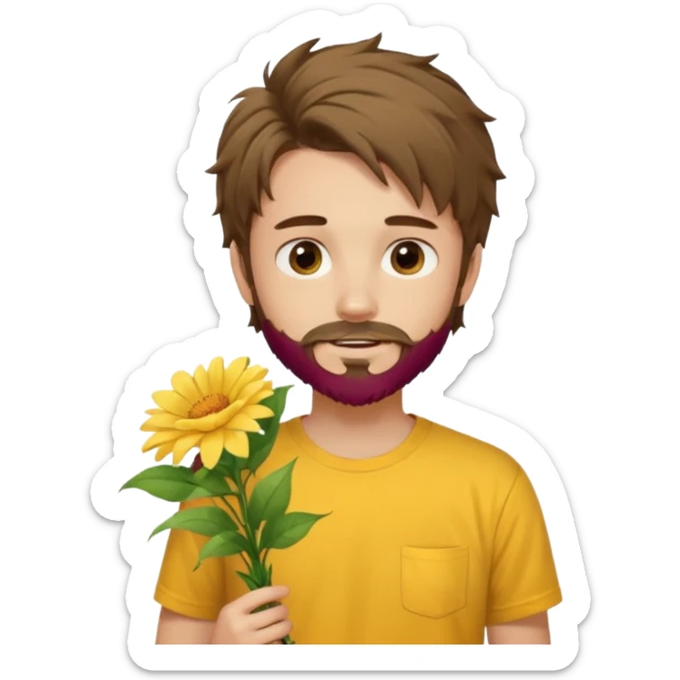 generate an ios genmoji of a 20 year old fair boy with brown long and messy hair with goattee beard on cheeks. carrying a flower bouquet, wearing a yellow tshirt, looking shy.  sticker