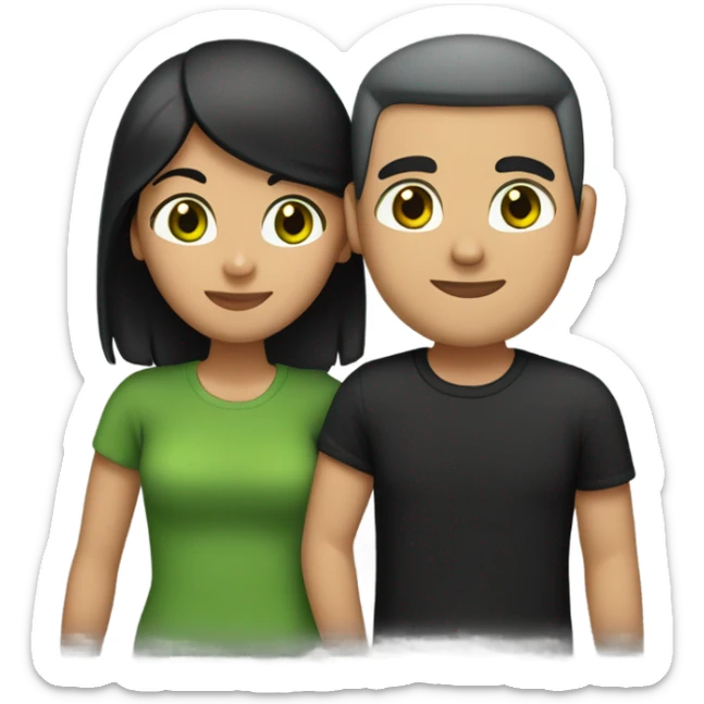 A couple hugging, girl has long straight back hair green eyes nice eyebrows medium tan black tshirt, guy has a buzz cut brown hair green eyes medium tan a gray tshirt  sticker