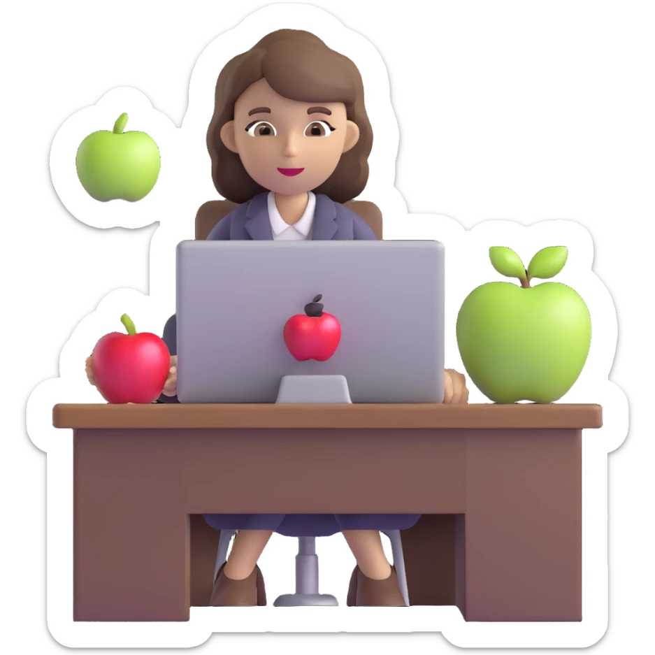 woman English teacher with brown hair, at a desk with an apple sticker
