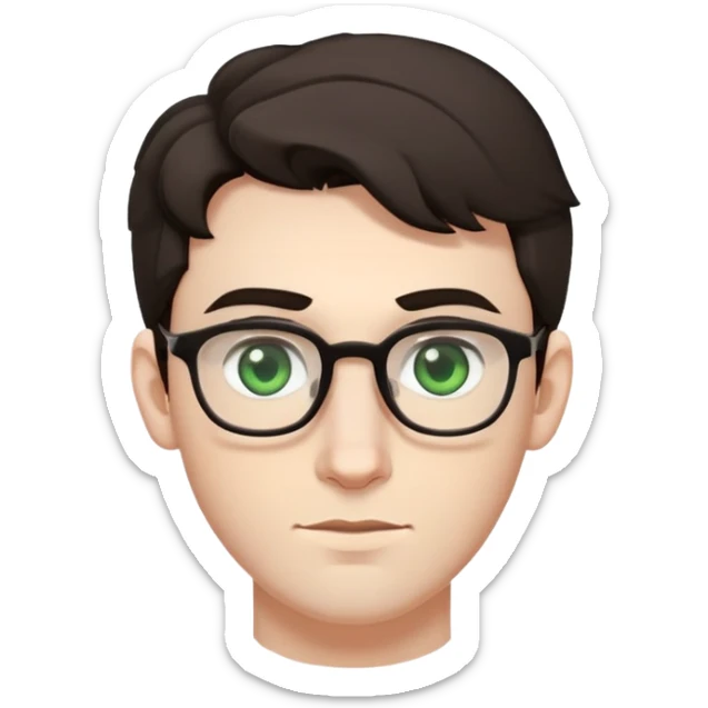 young man with pale skin, wider face, larger ears, bigger nose, thick dark eyebrows, dark tall voluminous slightly wavy hair styled up high on head but not curly, wearing glasses with green eyes and very light stubble, with a slight smile sticker