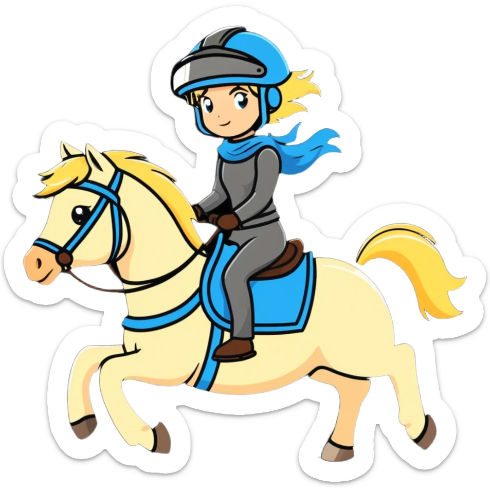 Blonde haired women riding a horse and has on a helmet  sticker