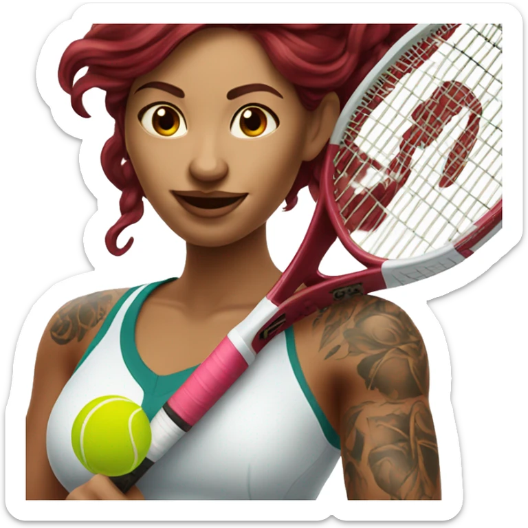 Beautiful tattooed  burgundy long haired woman playing tennis sticker