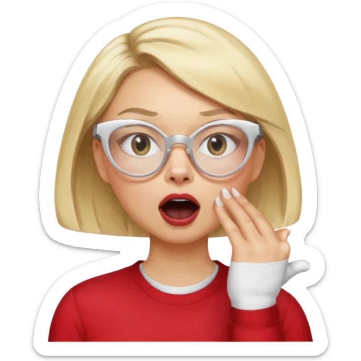 emoji style, side view woman with light skin, blonde bob hair, white cat-eye glasses, red shirt, hand cupped tightly around her mouth, hand close to nose and lips, shouting loudly, energetic expression, simple background sticker