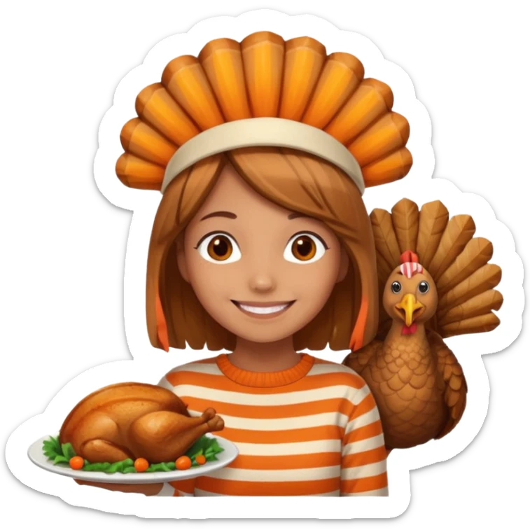 happy tan girl with an orange striped sweater and a cooked browned turkey on her head  sticker