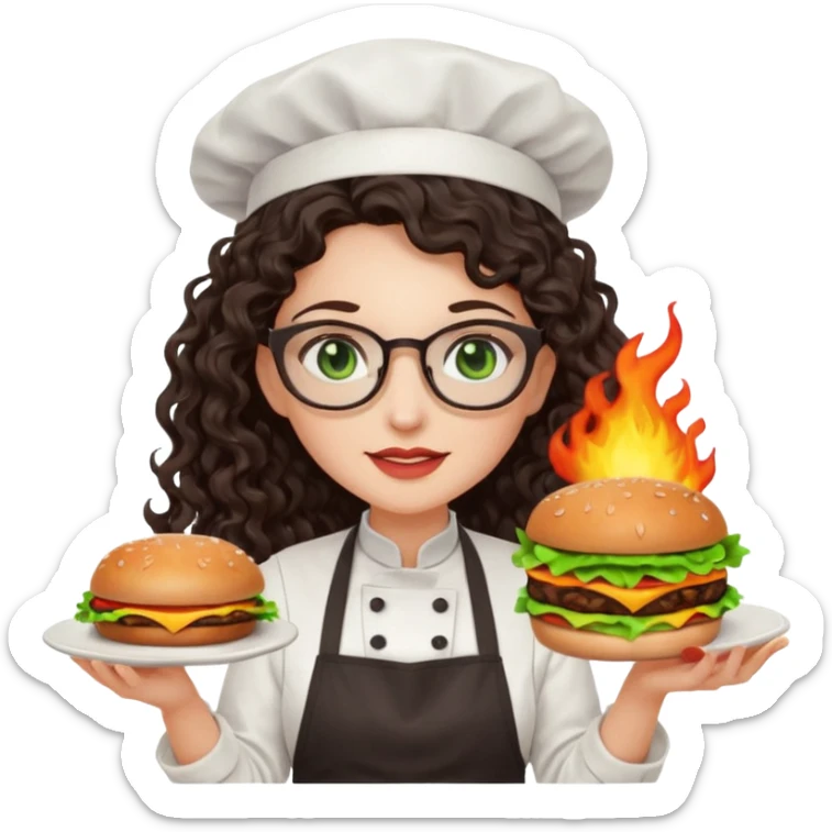 A female chef with glasses, dark brown long curly hair, White skin,Green eyes and setimg a burger on fire sticker