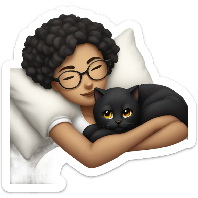 Pale white young woman with short dark curly hair with glasses cuddling, sleeping in bed with her black cat sticker