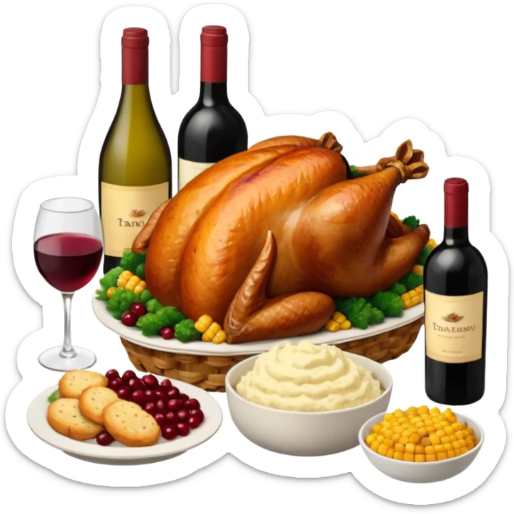Thanksgiving Dinner with friends of all different races; have the food be a cooked turkey, mashed potatoes, corn, a basket of biscuits, a small bowl of cranberry sauce, baked yams, steamed vegetables, and a bottle of wine. sticker