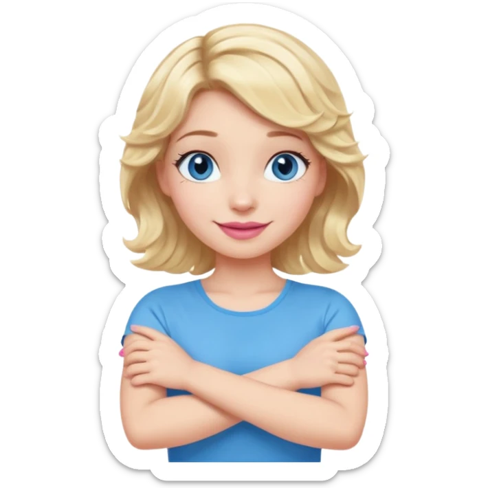 Girl Blonde short wavy hair,  blue eyes, cute blue top, long lashes, pink lips, smiling, making cross arms with arms  sticker