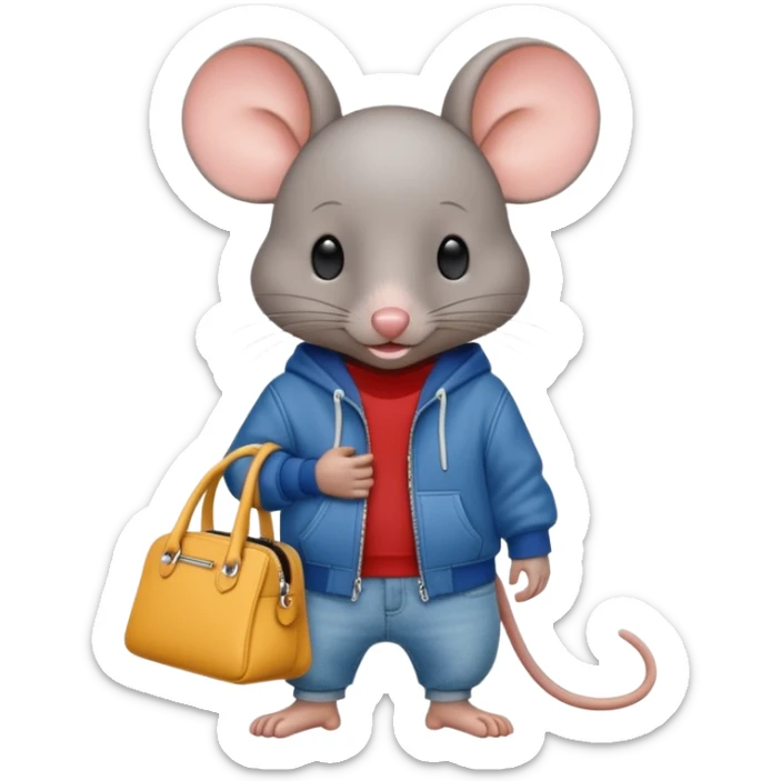A fashionable mouse in wide jeans and a zip hoodie with a Balenciaga bag sticker