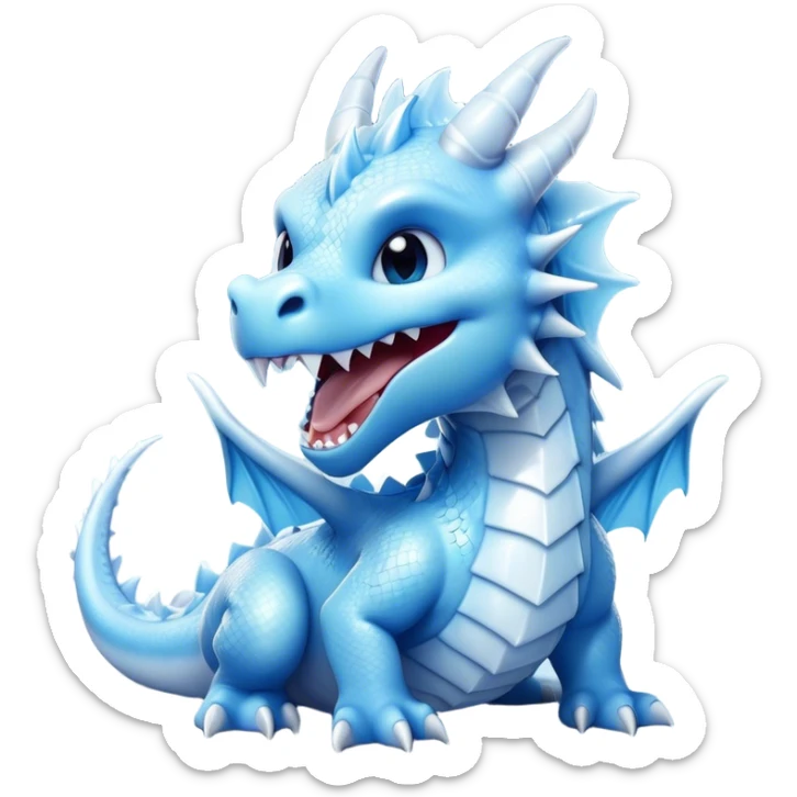 Cinematic Cute Yawning Beautiful Ice Dragon Portrait Emoji, Head tilted slightly with a dramatic, wide-open yawn, revealing a softly crystalline body with subtly drooping, frost-laden scales in cool blues and silvery hues, each detail rendered with natural icy finesse; high shine, relaxed yet elegant, styled with a dash of enchanted winter charm, soft glowing outline, capturing the essence of a sleepy yet graceful ice drake ready to stretch out and melt into a serene, frozen slumber! sticker