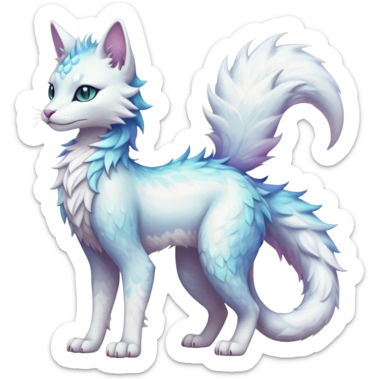 Kawaii white pastel iridescent beautiful pretty elegant divine edgy fantasy feline-vernid-sergal-fursona animal creature with a tufted tail full body with intricate markings  sticker