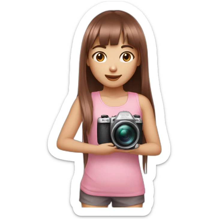 cute girl with dark brown eyes and long, straight rose hair with fringe and holding camera and wearing pink tank top sticker