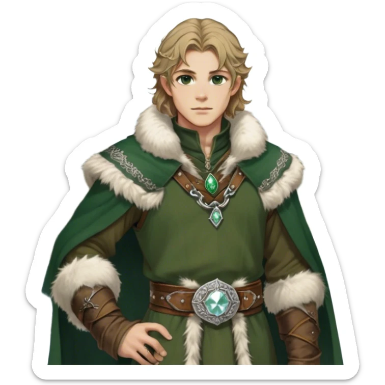 Medieval winter outfit worn by a DnD themed fantasy male character. Heavy olive green wool tunic with lynx fur collar, secured with ornate silver fastenings and a thick embossed leather belt. Clothes only above the waist, full waist coverage. The character has no arms. Character is white-skinned with golden brown hair, forest green eyes, and shoulder-length wavy hair with ice-crystal highlights. sticker
