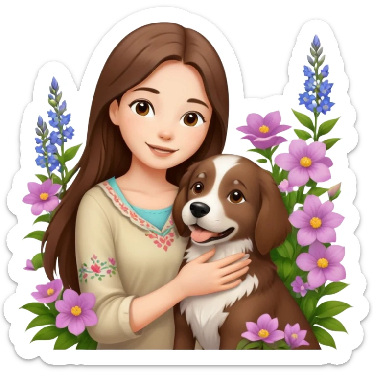 A beautiful girl with long straight hair happily hugs an Alaskan dog in the flowers sticker