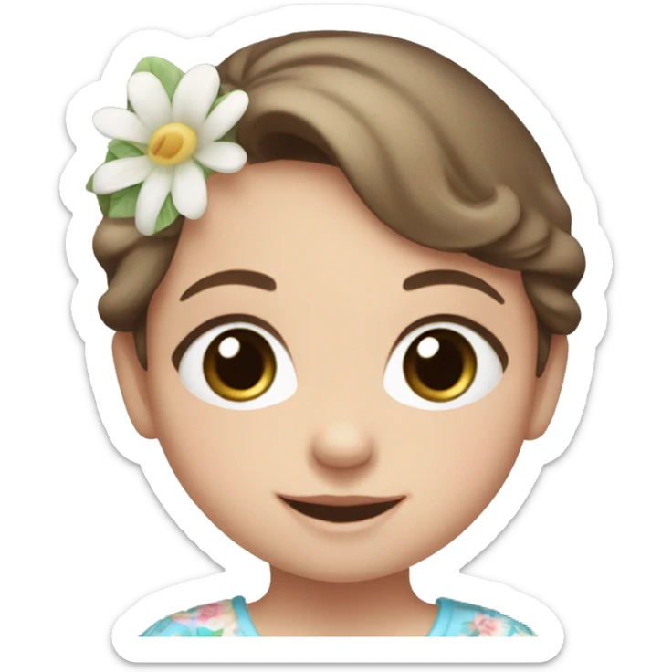 pale newborn girl with short brown hair, blue eyes with a big smile and a floral top sticker
