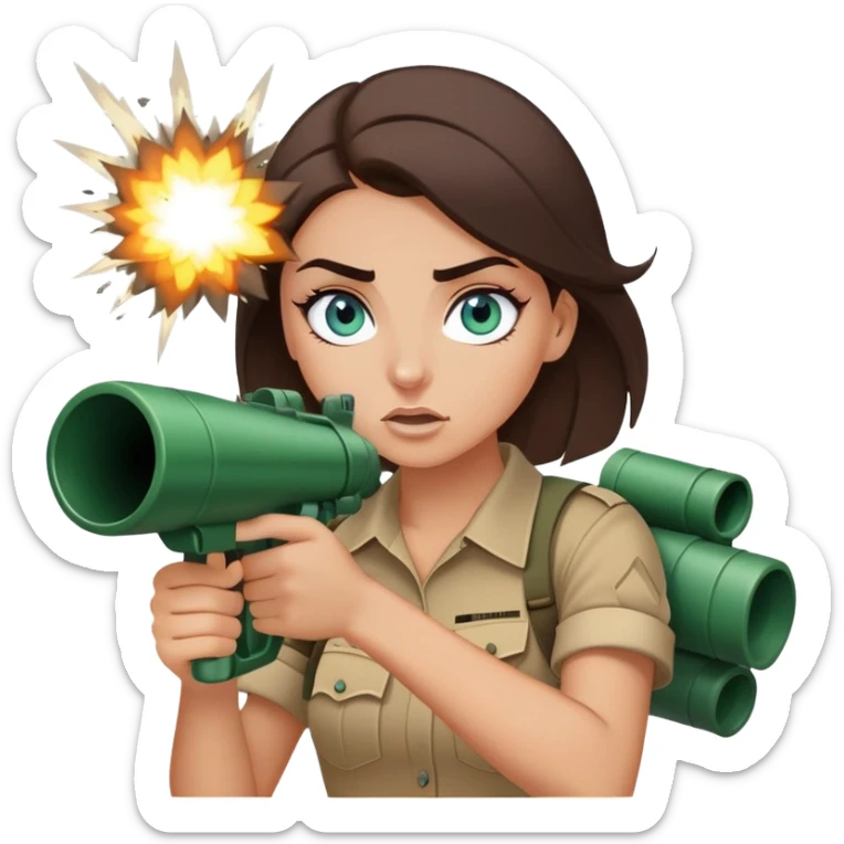 Blue green eyed, brunette, white girl with thick eyebrows and nose piercing, holding bazooka, exploding sticker