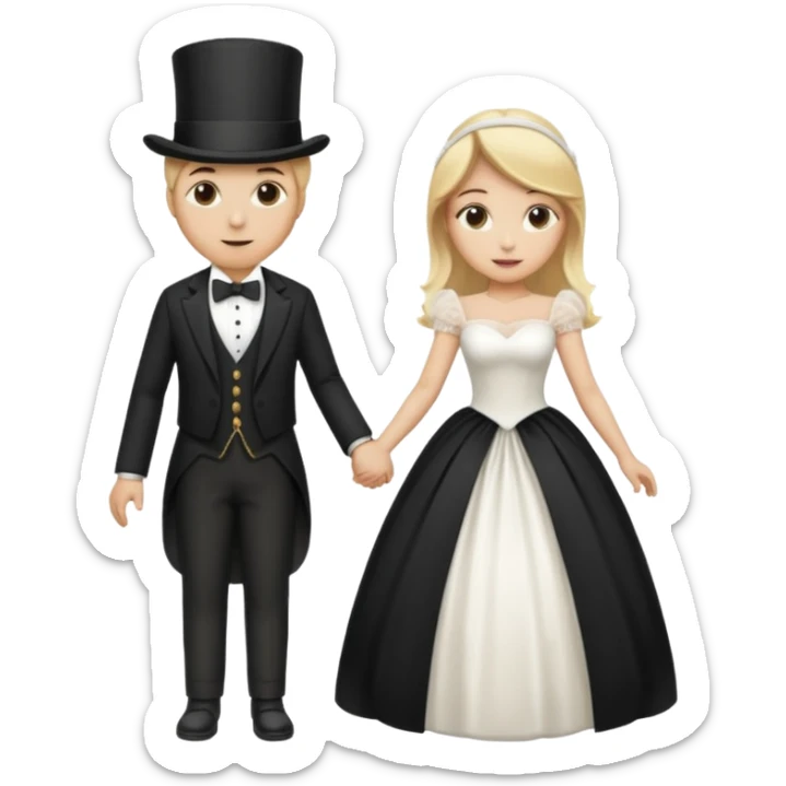 Man in top hat and blonde woman in wedding dress holding hands sticker