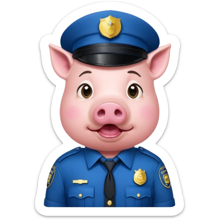 a pig, upright, in a police officer uniform, drooling, eyes looking to the bottom left sticker