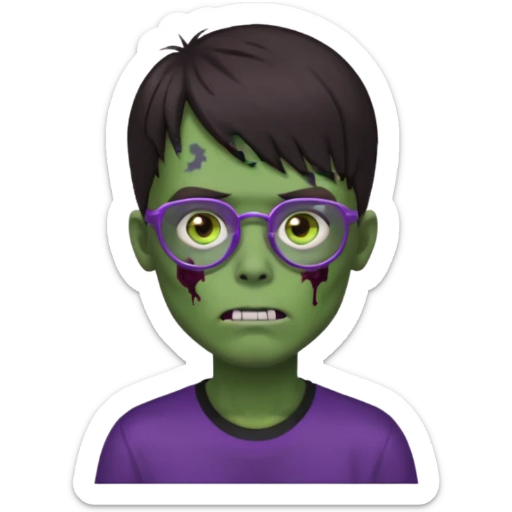 Menino zumbi com cabelo castanho escuro com franja que cubra a testa, olhos castanhos, camisa preta larga, pele verde e óculos lilás sticker