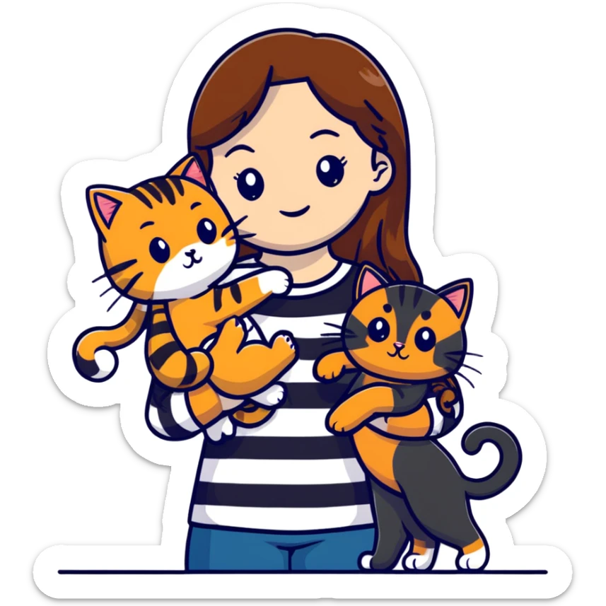 tan girl with long brown hair holding two cats, one black cat and one grey-striped cat sticker