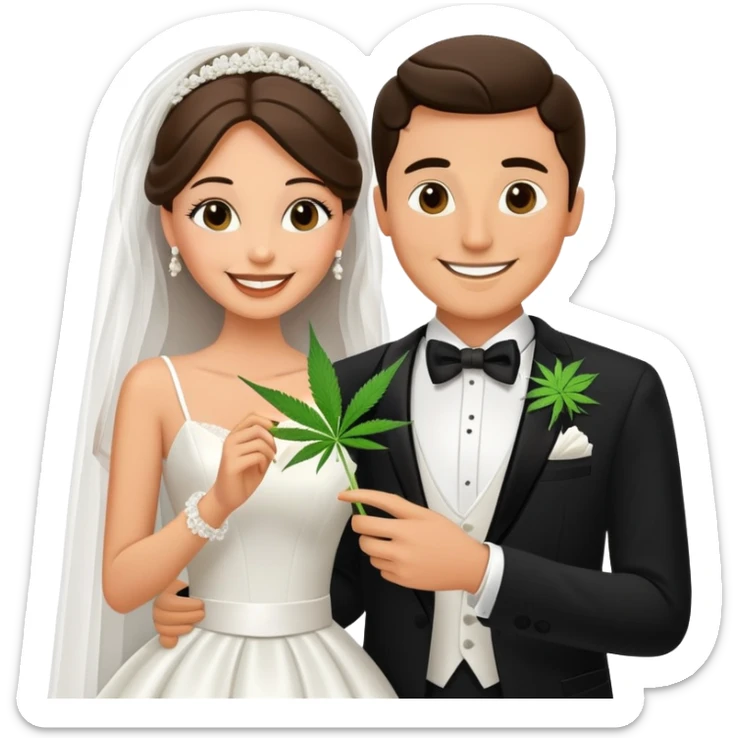 Bride in white dress and groom in tuxedo sharing a cannabis joint, cheerful cartoon wedding couple sticker