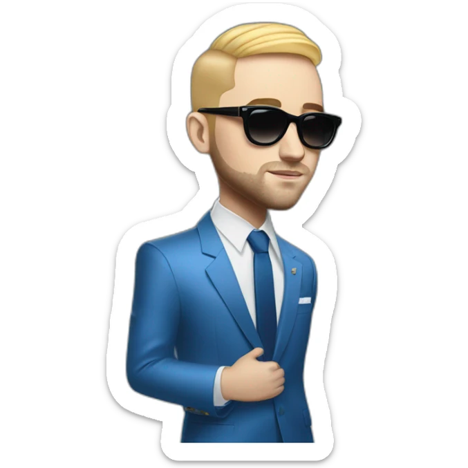 realism mac miller with a blonde comb over skin fade wearing a blue suit and sunglasses sticker