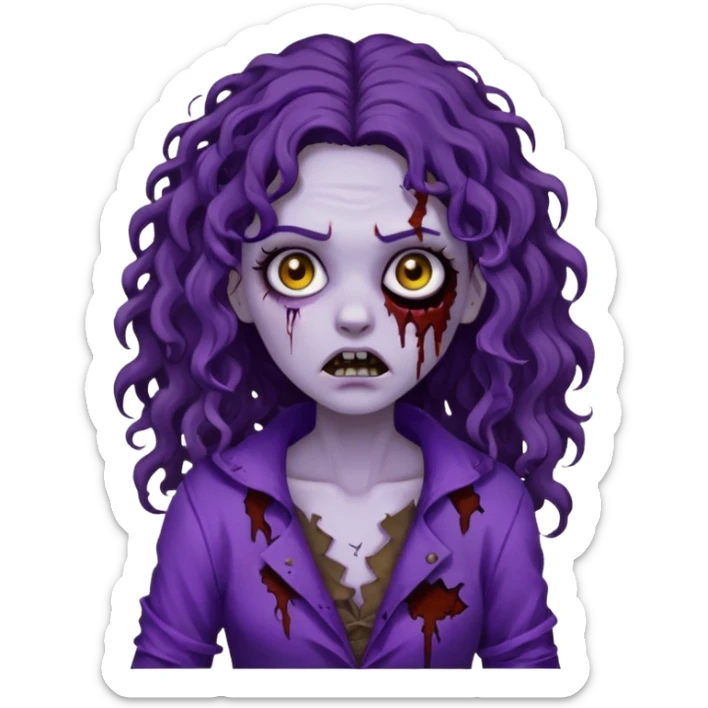 Zombie woman with curly, dark brown long hair (not thick or voluminous) wearing a ruined purple outfit.  sticker