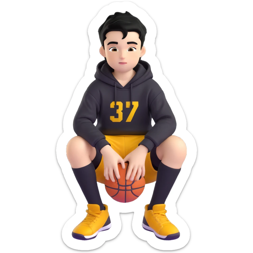 boy kid sitting with knees up, black hoodie with hood off, smirking, black crew socks, messy black hair, black basketball shorts, yellow skin sticker