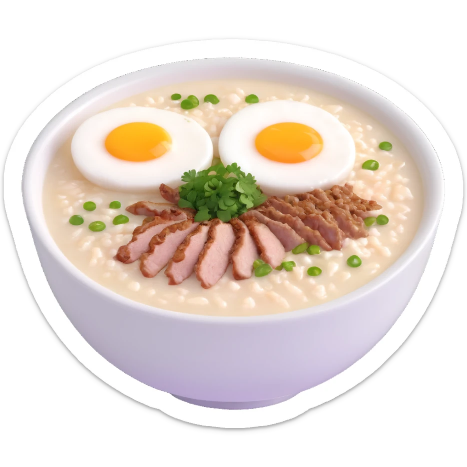 bowl of Asian rice porridge (congee) with steam, simple round bowl, topped with halved soft-boiled egg, minced pork, chopped green onions, cilantro, crispy fried garlic, smooth colorful clean minimal cute sticker
