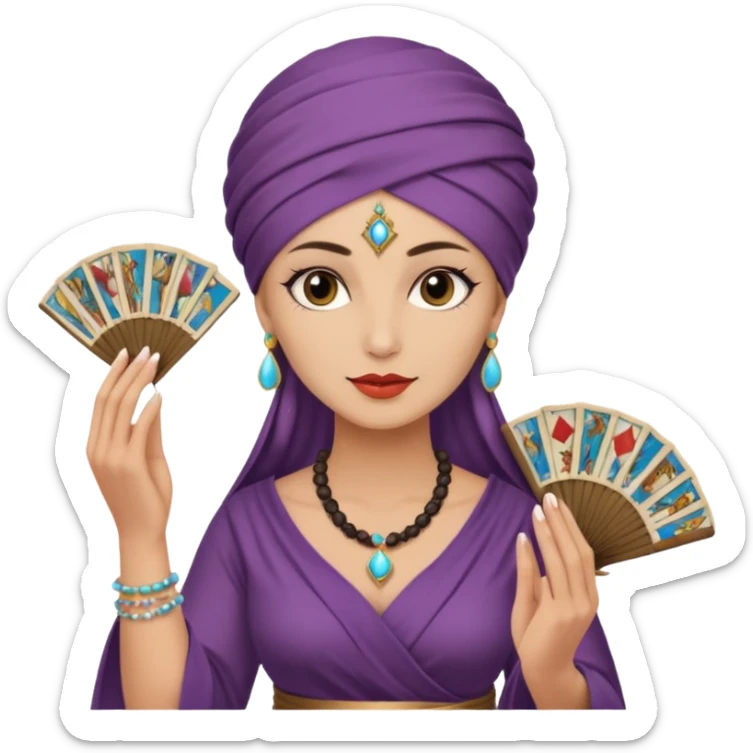 mystical fortune-teller woman with a turban holding a fan of tarot cards sticker