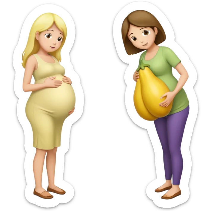 yellow eggplant on top of a pregnant person, with a bowing person turned to the side sticker