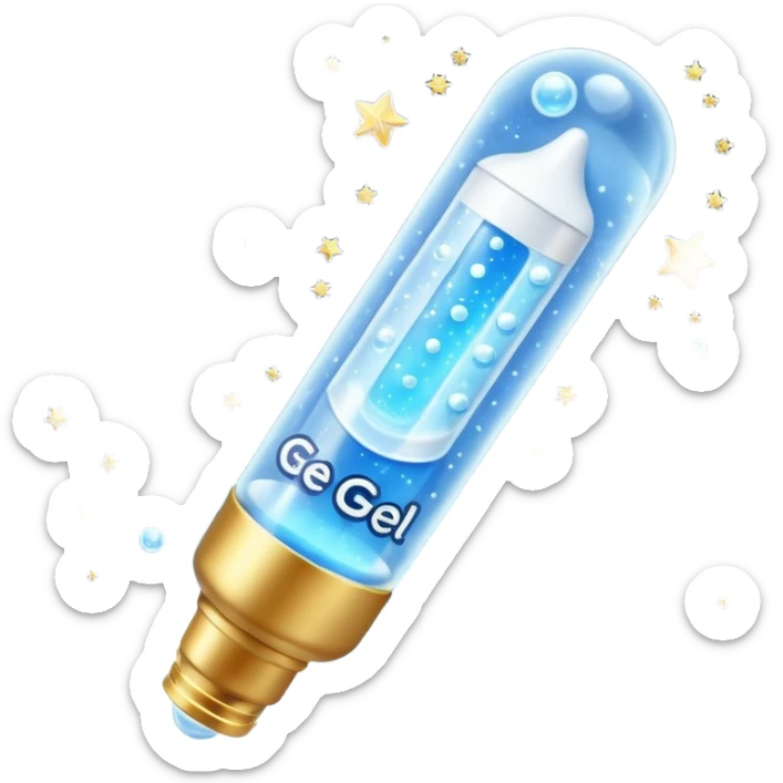 Slim blue Differin Gel tube with white cap and golden glow around the “GEL” label. Floating in a soft blue aura with tiny glowing stars and clear orbs spiraling upward. Emits a focused beam of clarity magic, like a blemish-banishing spell sealed in a sleek, futuristic wand. sticker