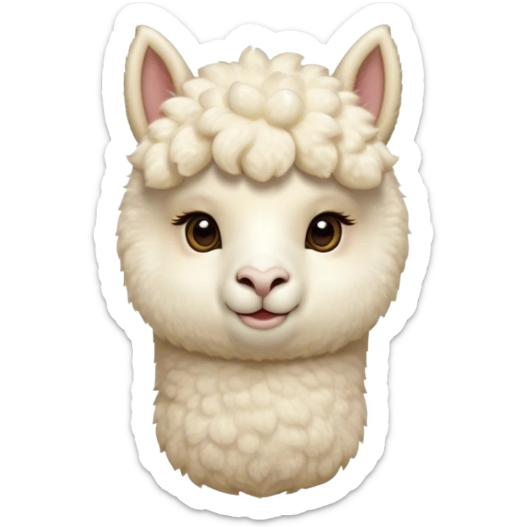 Cinematic Cute Cream Alpaca Portrait Emoji, Head tilted playfully and inquisitively, featuring a fluffy, cream fleece with a natural sheen, round, sparkling gentle eyes filled with curiosity, Simplified yet irresistibly adorable features, highly detailed, glowing with a warm, friendly glow, high shine, affectionate and gentle, stylized with a touch of whimsy, bright and endearing, soft glowing outline, capturing the essence of a mischievous yet loving alpaca, so playful it feels like it could prance out of the screen and into your arms! sticker