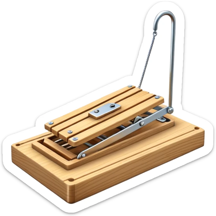 A 3D emoji in iOS emoji aesthetic style of a classic mousetrap without cheese, showing a wooden base and metal spring mechanism, clean minimal design, bright lighting, glossy Apple-style look, white background. sticker