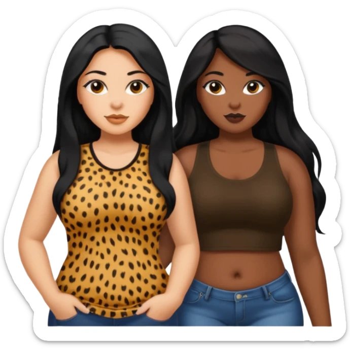 Tan Latina woman with long black hair chubby and black dark skinned woman with long blonde hair slim thick in cheetah top sexy sticker