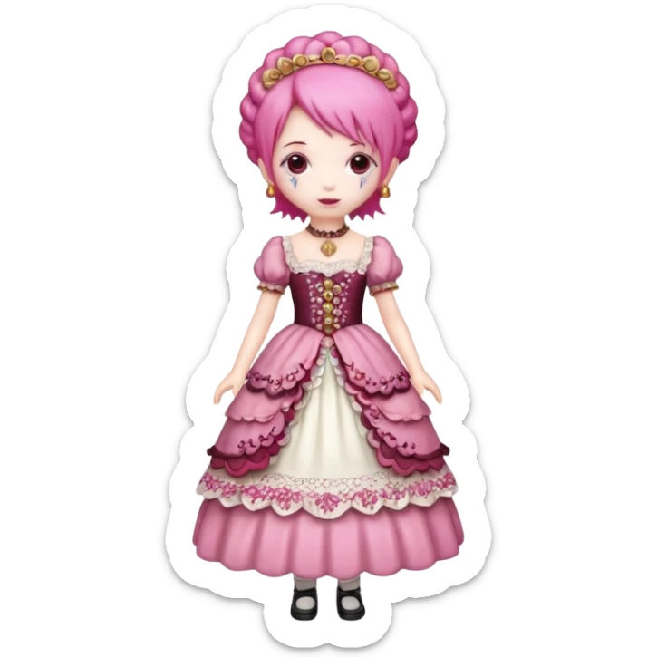 Isolated detaile illustration of the most modern raspberry torte doll figurine full body with pink hair sticker