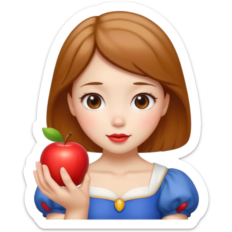 Create an emoji of Snow White holding a red apple, with short golden-brown hair Please create it in a super cute Japanese kawaii emoji style. sticker
