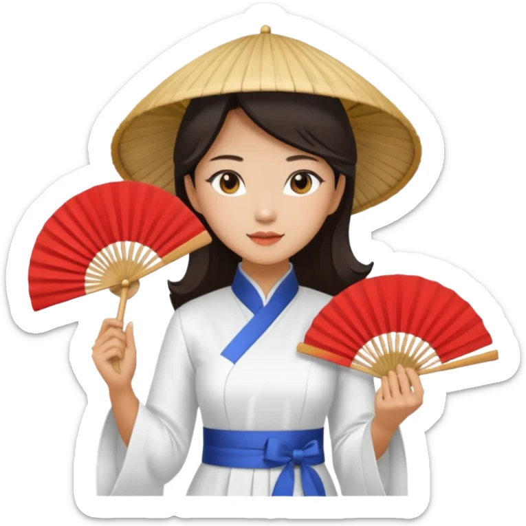 a vietnamese woman wearing a white ao dai holding a folding fan elegantly, wearing a nón lá sticker