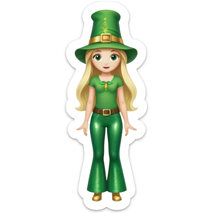 Blonde haired girl in glittery green bell bottoms and tall leprechaun hat sticker