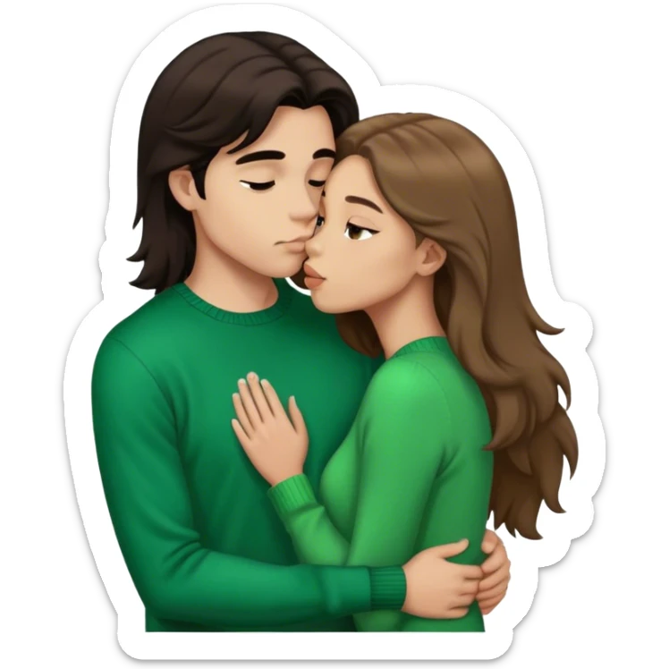 Young guy skin and with black slightly long hair kissing a young woman with brown hair and  green sweater with the emoji made s there is no part that is cut off sticker