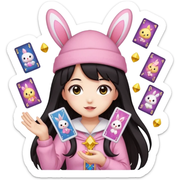 pixel art chibi gear asian girl with dark long hair in pink bunny ears hat magical girl with kawaii tarot cards thrown in air pixel emoji sticker