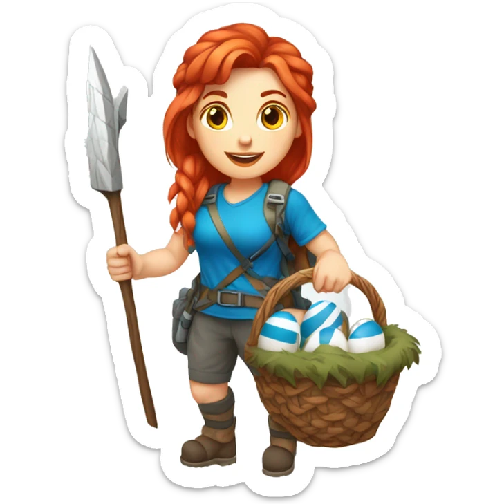 Female winter mountaineer red hair white skin climbing with Greek Flag and Easter eggs basket sticker