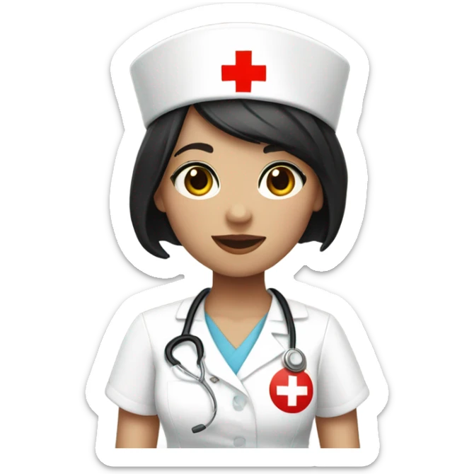 pixie cut black straight hair female nurse with red cross sign hat wearing dress
pale skin color sticker