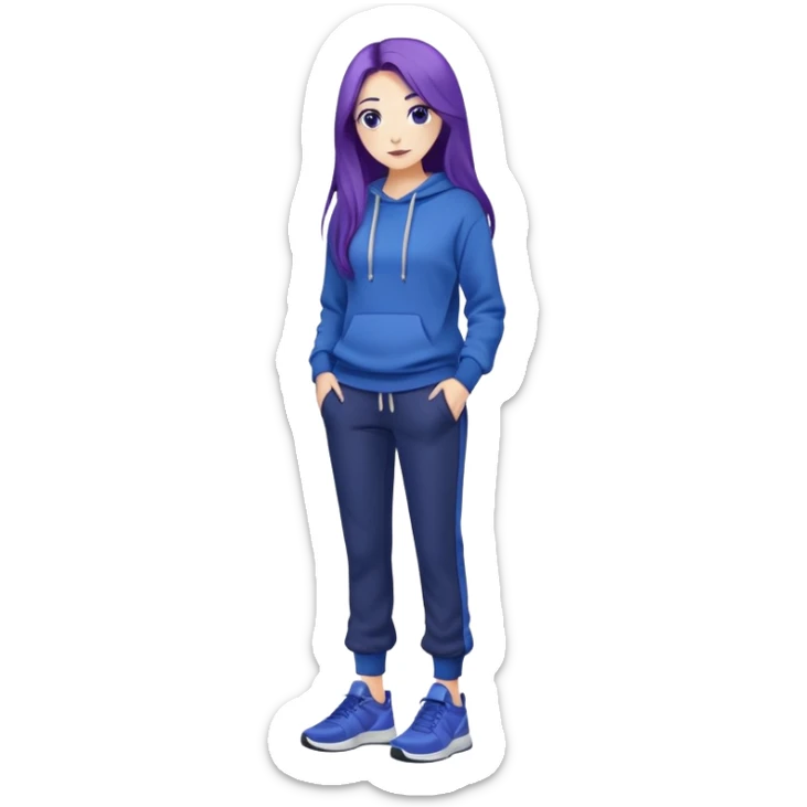 female with slim hourglass shaped body, purple long hair, wearing a blue sweater, dark blue sweatpants, and black sneakers, full body view sticker