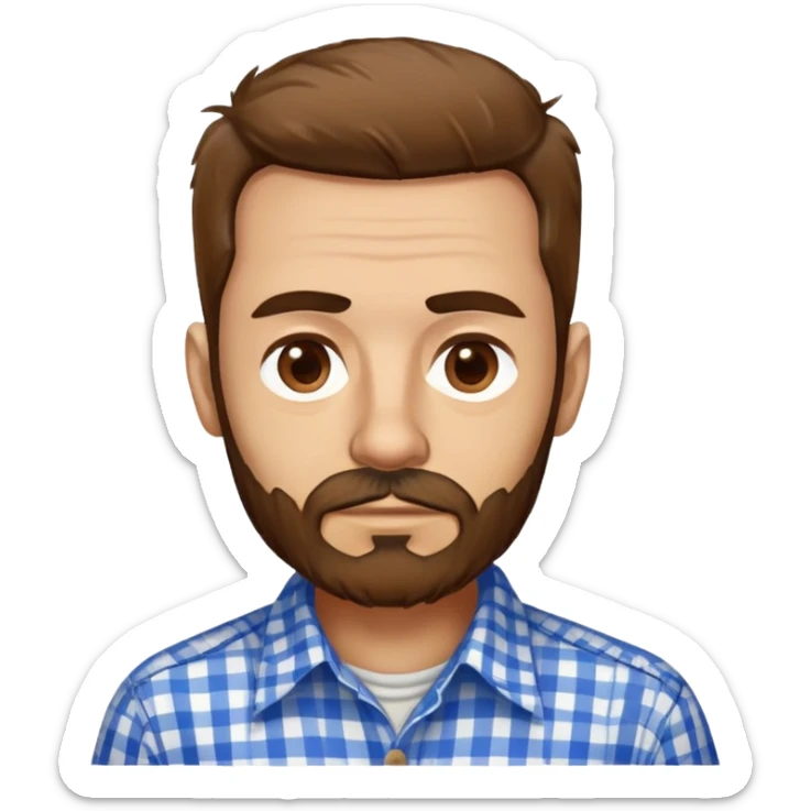 Skinny Puerto Rican man in his mid-50s with light skin. Thin face with defined features. Messy, disheveled brown hair. Untidy brown beard. Wearing a blue and white checkered button-up shirt that looks loose on his slim frame. sticker