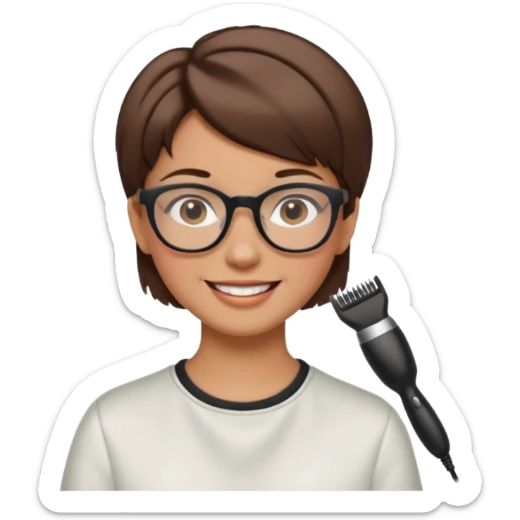 Happy woman with short hair and glasses having haircut sticker
