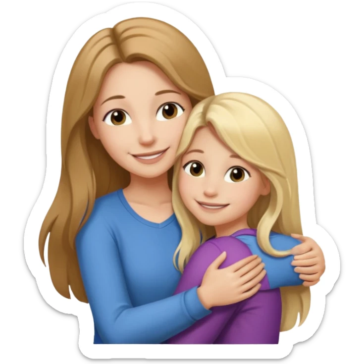 A beautiful mother with long brown hair hugging her cute 12yr old blonde hair daughter super happy sticker