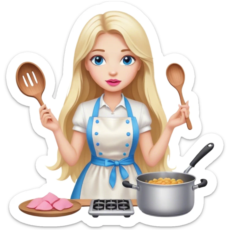 Cinematic realistic beautiful blonde with long hair, blue eyes and pink lips in a white dress cooks sticker